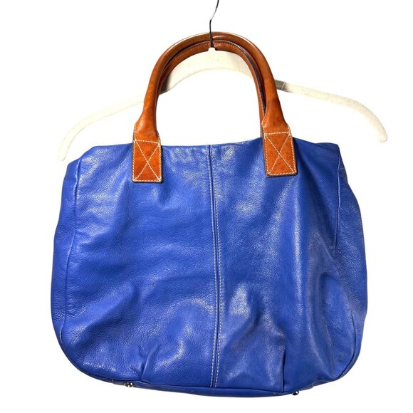 Amber Rose Blue Leather Purse Shoulder Bag Italy Tan Handles Zippers Pockets - Picture 2 of 14